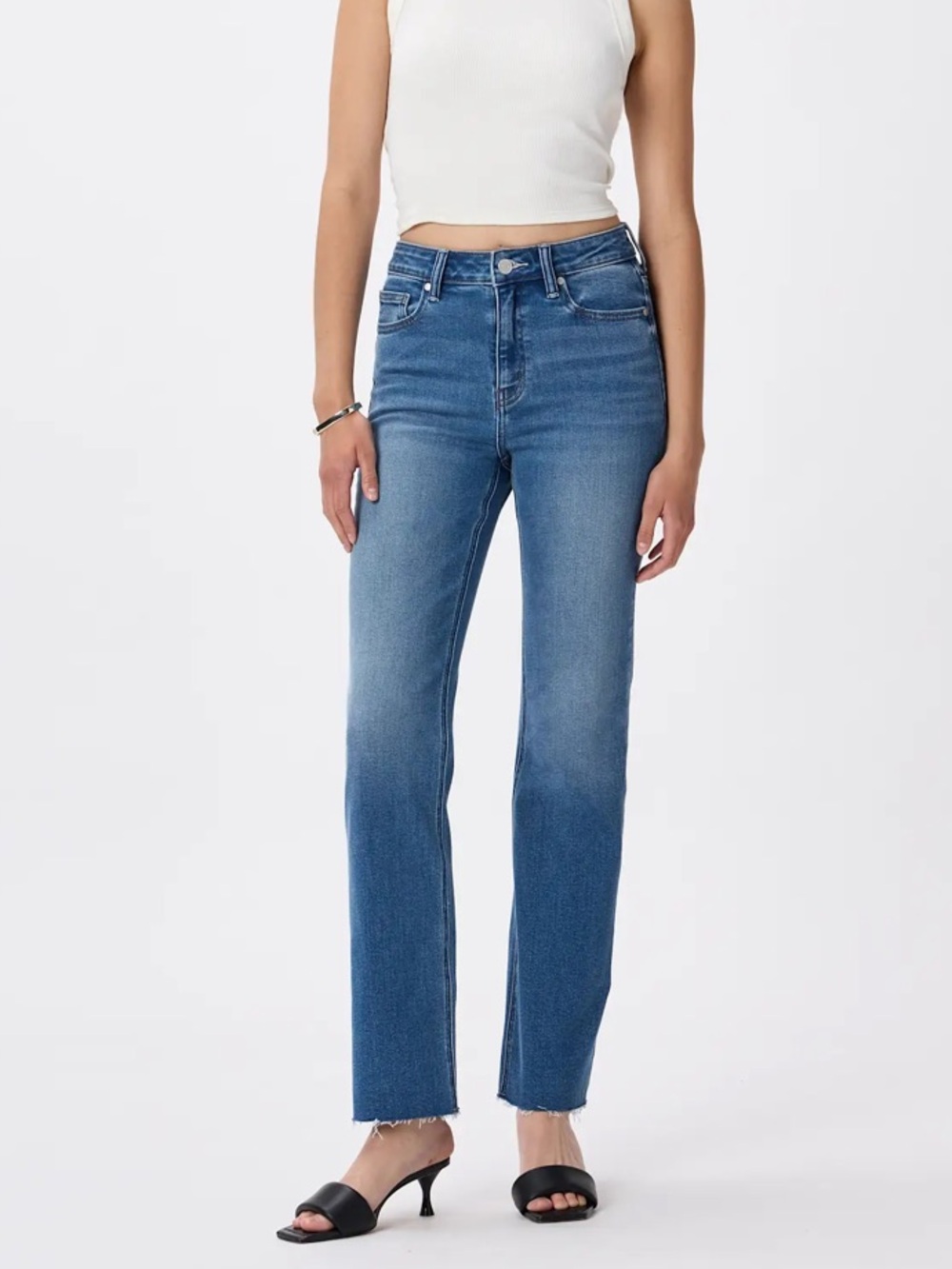 Quince Women’s Bella Stretch Straight Jeans Twilight Blue Fray Size 30